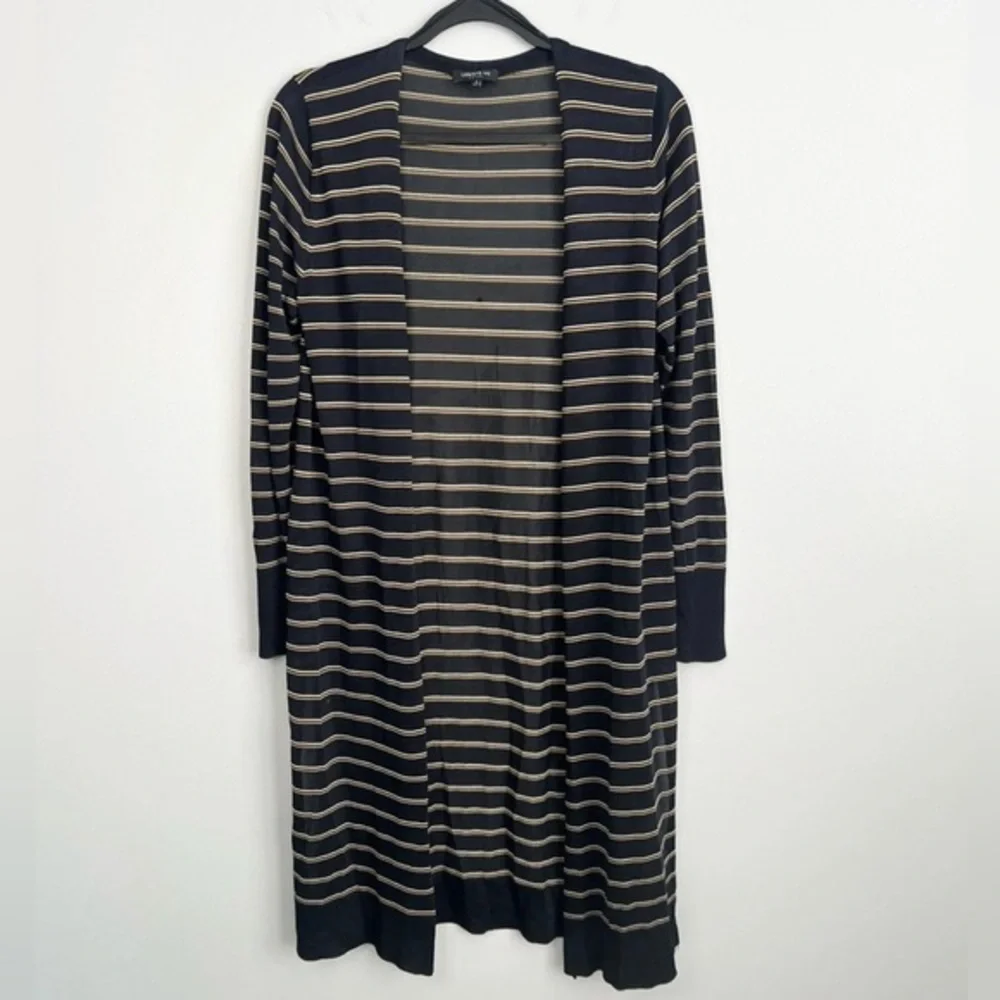 LAFAYETTE 148 New York Size S • Long Blue Silk Blend Stripe Cardigan Sweater.